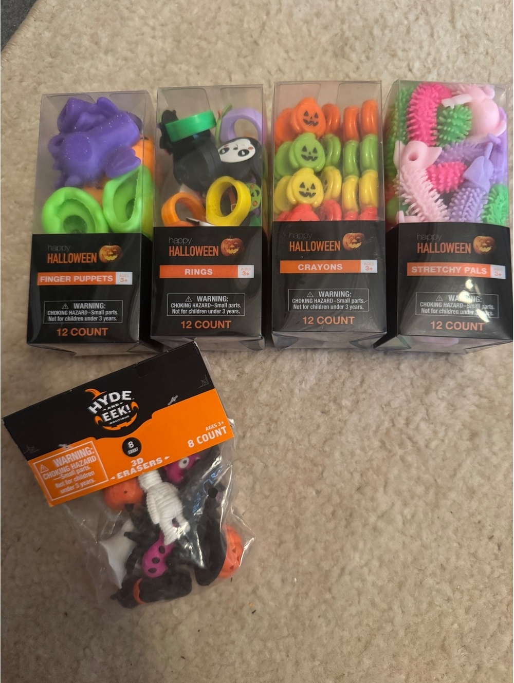 Halloween Party Set - Finger Puppets, Rings, Crayons, Stretchy Pals, & Erasers